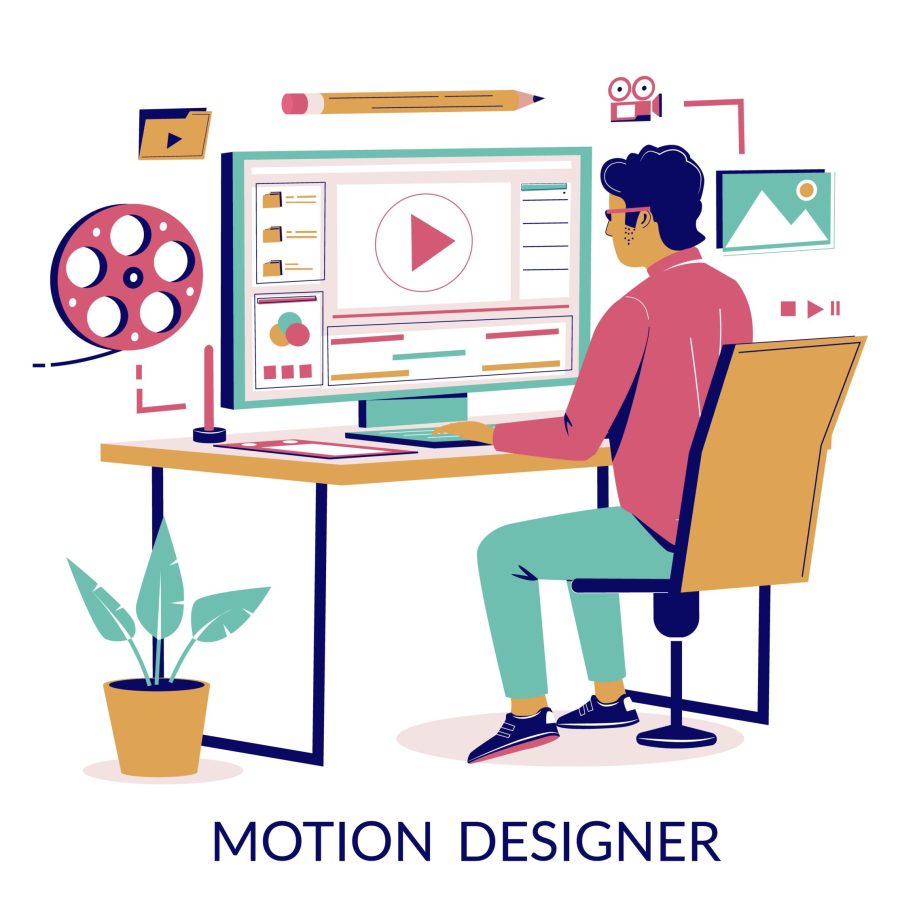 Motion designer animator working on computer creating animated video while sitting at desk, vector flat isometric illustration. Motion graphic studio services concept for web banner, website page etc.